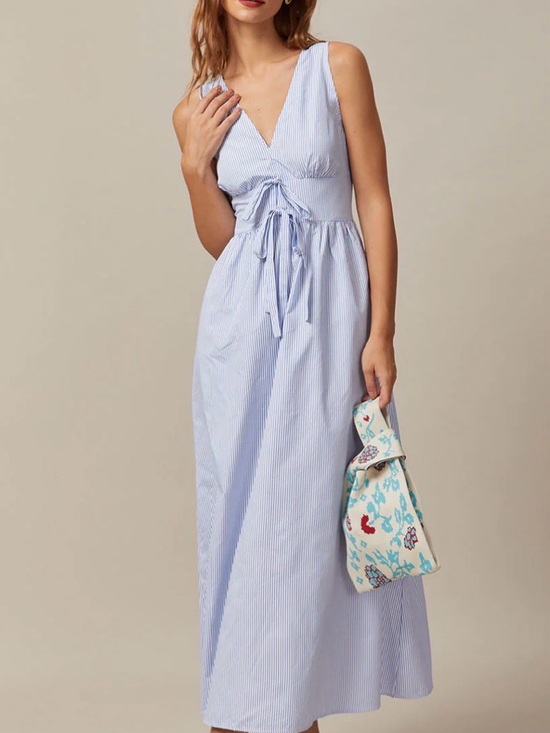 RIHOAS Dresses & Skirts - RIHOAS Light Blue and White Striped Maxi Dress with Tie Front